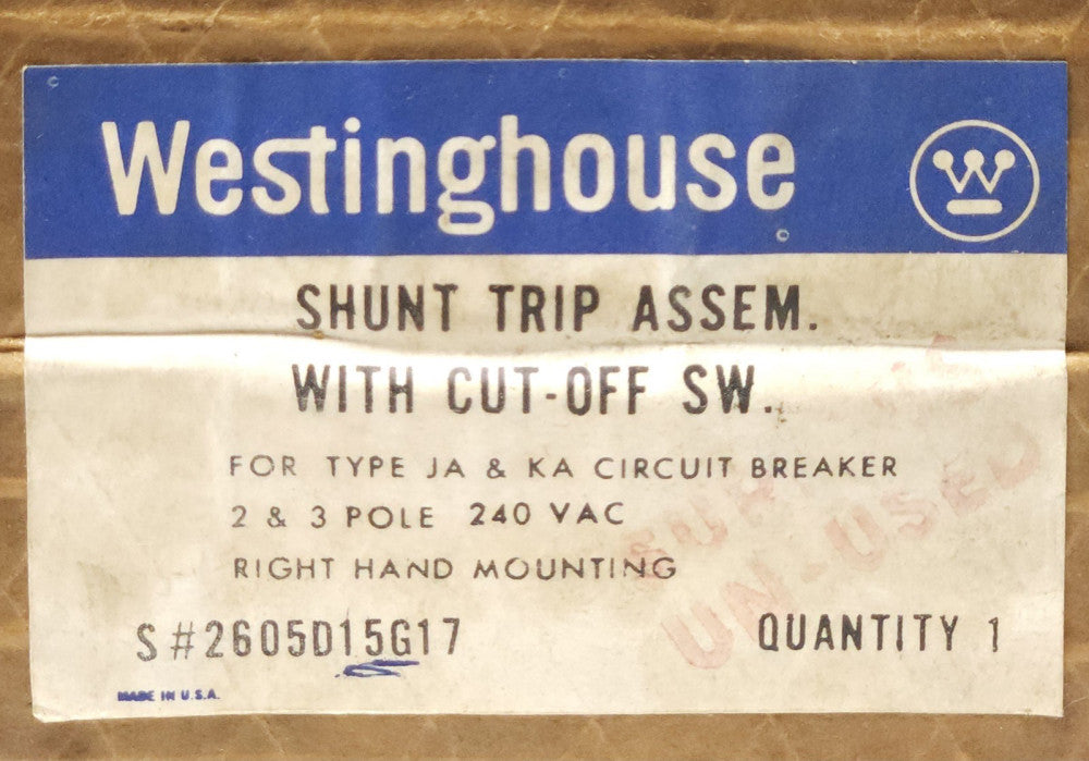 WESTINGHOUSE CUTLER HAMMER 2605D15G17 Type JA KA LB Breaker Shunt TRIP 240 VAC