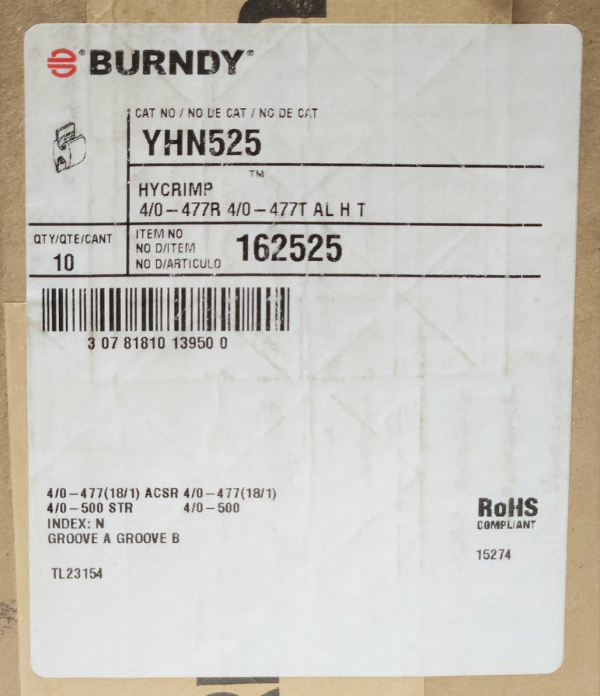 BOX CASE OF 10 BURNDY YHN525 HYCRIMP Compression TAP YHN-525 162525 GAPWR C11488