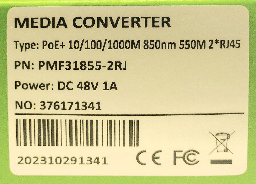 DMSI PMF31855 2RJ 48 VDC Media Converter POE+10 100 100m 85onm