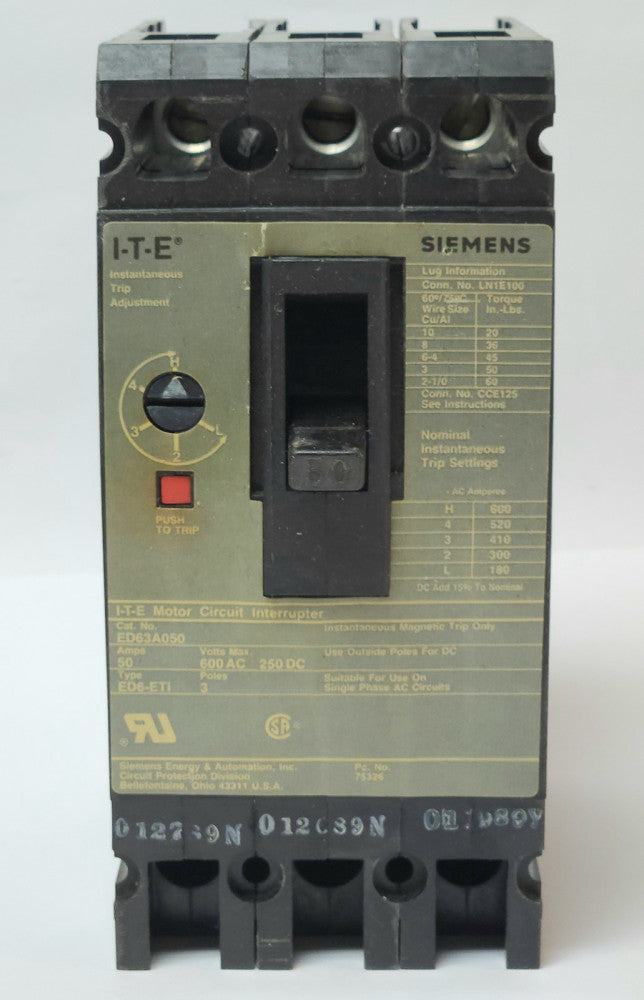 SIEMENS ITE ED63A050 3 Pole 50 AMP Type 50 AMP Type ED6 ETI Motor Circuit Protec