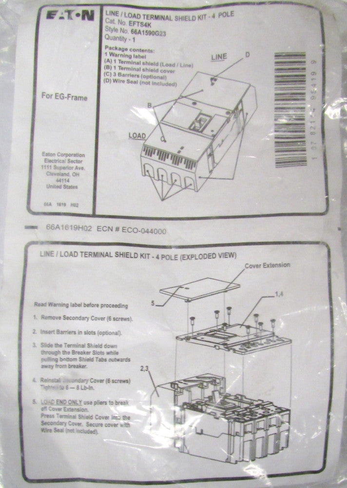 EATON CUTLER HAMMER EFT54K EG Frame 4 Pole Terminal Shield Kit 66A1590G23