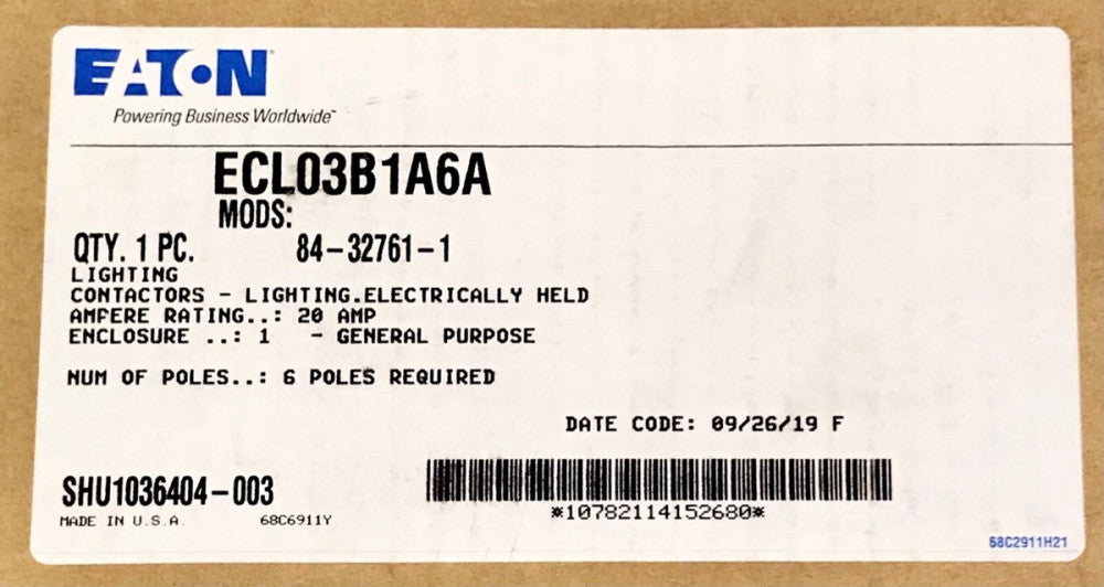 EATON ECL03B1A6A 6 Pole 20 AMP Lighting Contactor 120 VAC Nema 1 Enclosure
