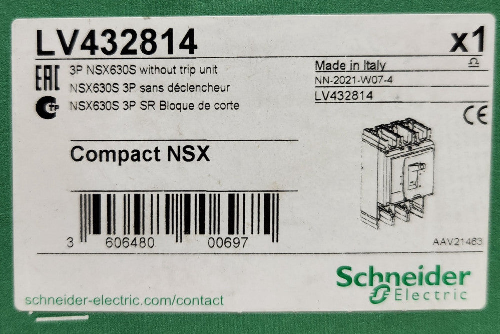 SCHNEIDER ELECTRIC LV432814 3 Pole NSX630S Frame Only Without TRIP Unit Compact