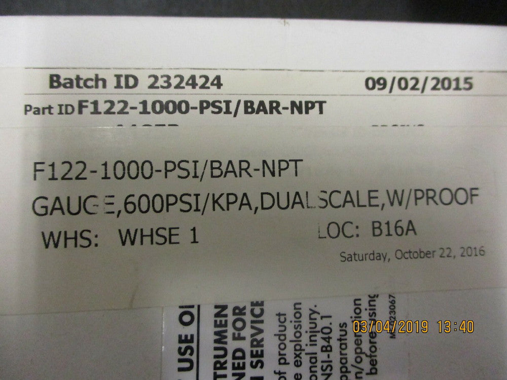F122-1000-PSI/BAR-NPT Brooks Gauge, 600 PSI/KPA, Dual Scale, W/ Proof BRAND NEW!