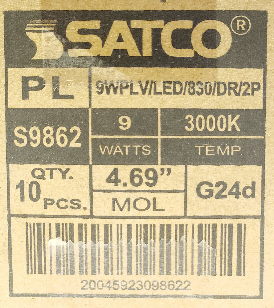 BOX OF 10 SATCO 9WPLV LED 830 DR 2P S9862 9 Watt LED 3000K G24D 4.69" PLV