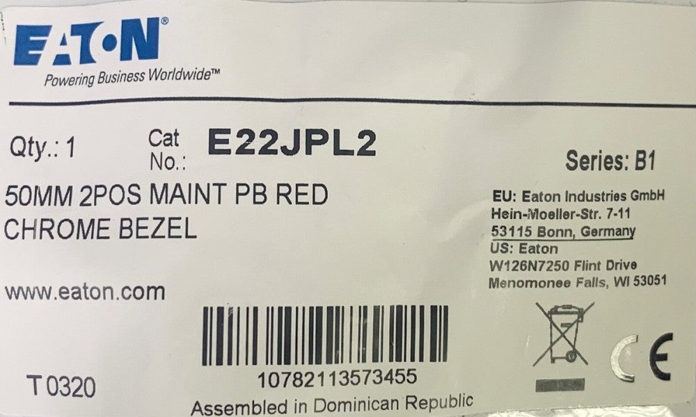 EATON CULTER HAMMER E22JPL2 50 mm Red Pushbutton 2 Position Maintained 