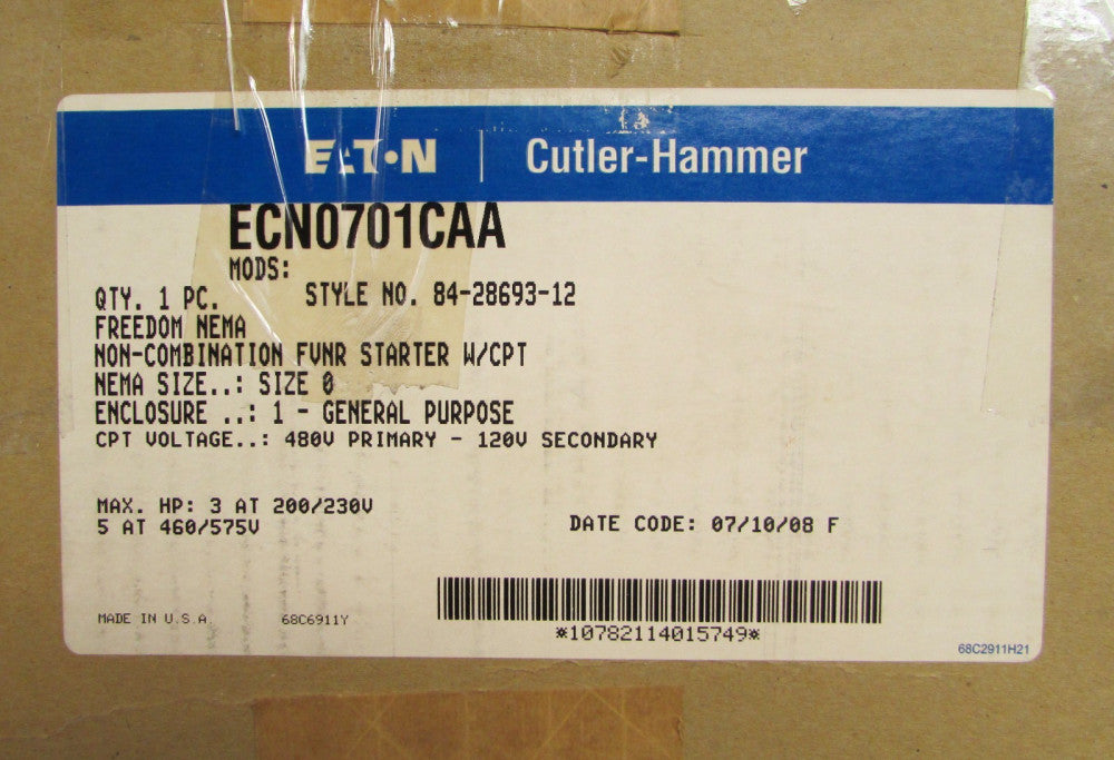 EATON CUTLER HAMMER Size 0 Starter 480V 110/120V Control Nema 1 Encl ECN0701XCAA