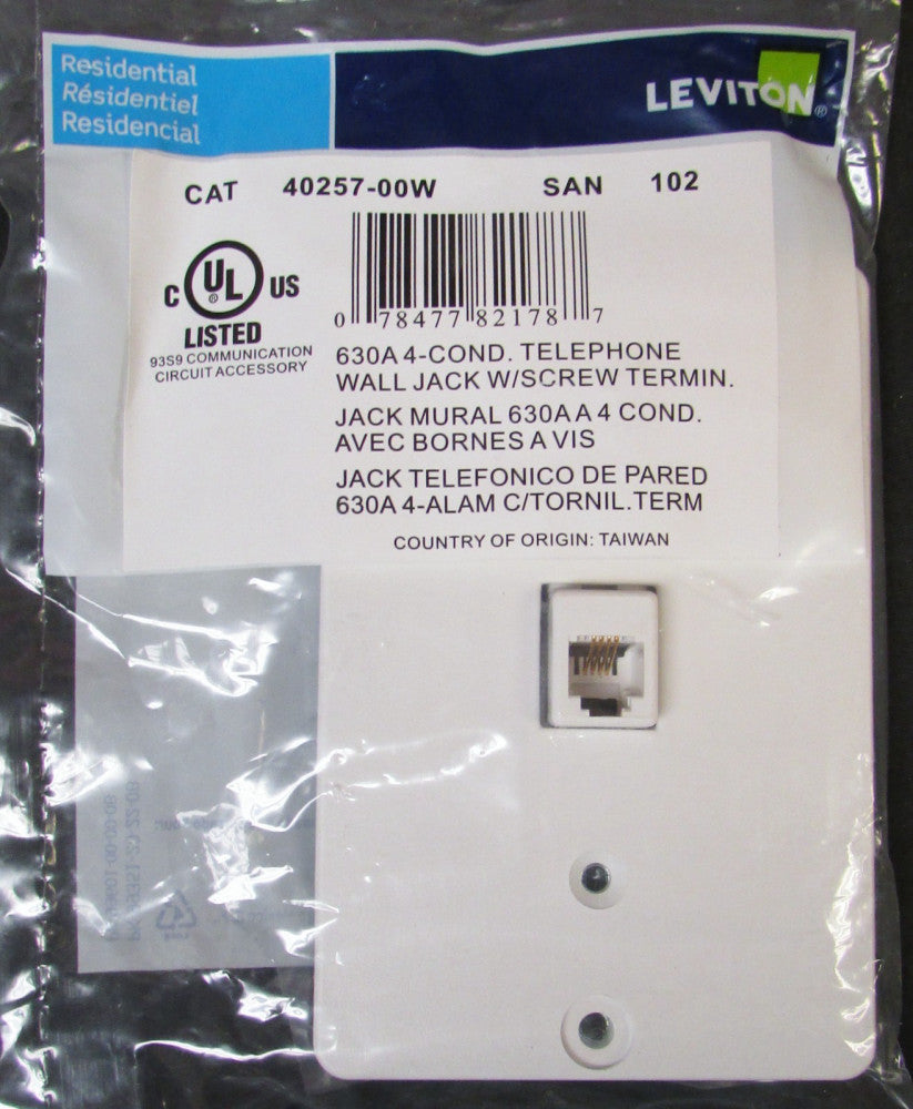 LEVITON SAN 102 40257 00W 40257-W 630A 4-COND Telephone Wall Jack White
