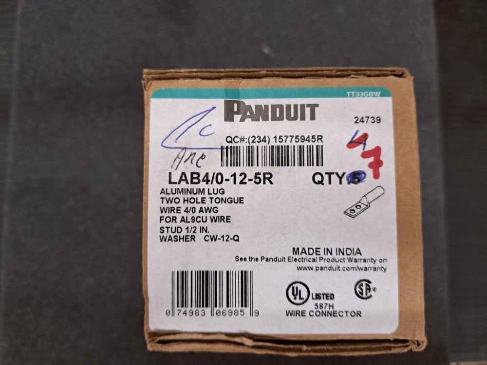 New, Panduit, LAB4/0-12-5R, Terminals Aluminum Compression Lug, 2 Hole, 4/0 AW