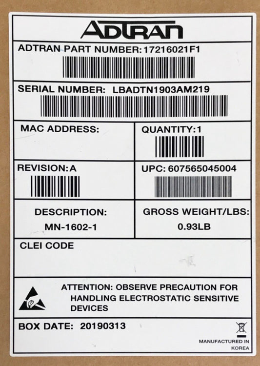 ADTRAN 17216021F1 MN-1602-1 5-42/54-1002 MHZ Optical Port