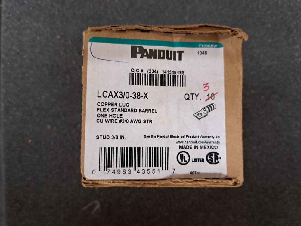 New, Panduit, LCAX3/0-38-X, CONN TERM RECT TONG 3/0 AWG #3/8