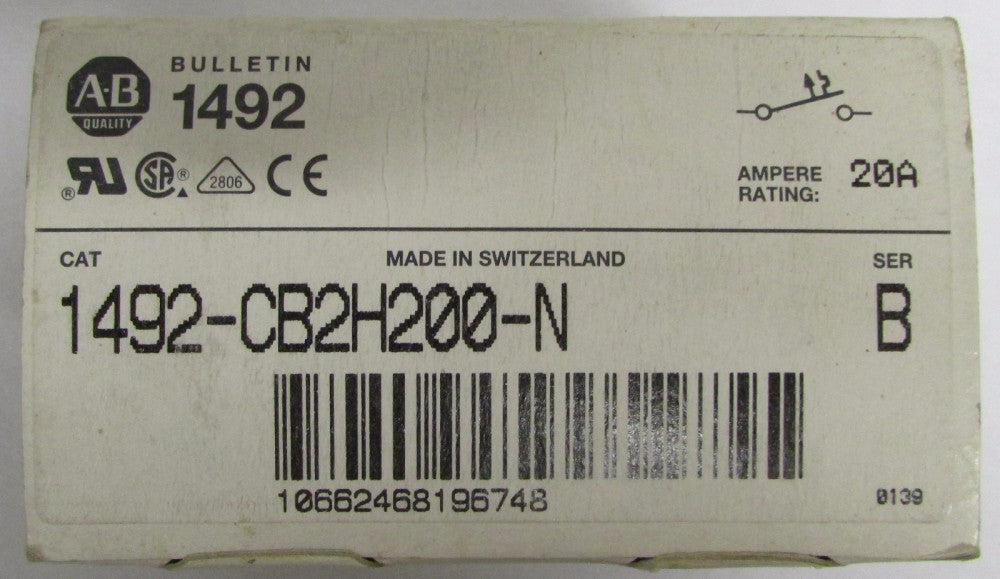 ALLEN BRADLEY 1492 CB2H200 N 2 Pole 20 Amp Circuit Breaker with 65 Amp Neutral