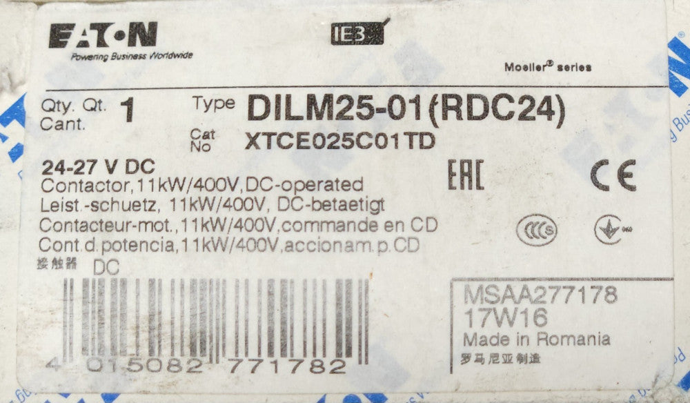 EATON MOELLER DILM25-01 RDC24 XTCE02501TD 24-27 VDC 3 Pole Contactor