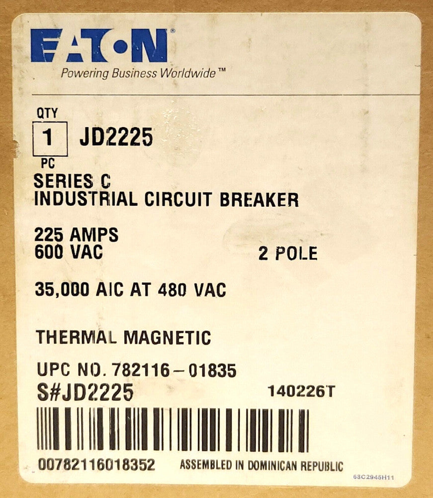 EATON CUTLER HAMMER JD2225 2 Pole 225 AMP Type JD Circuit Breaker