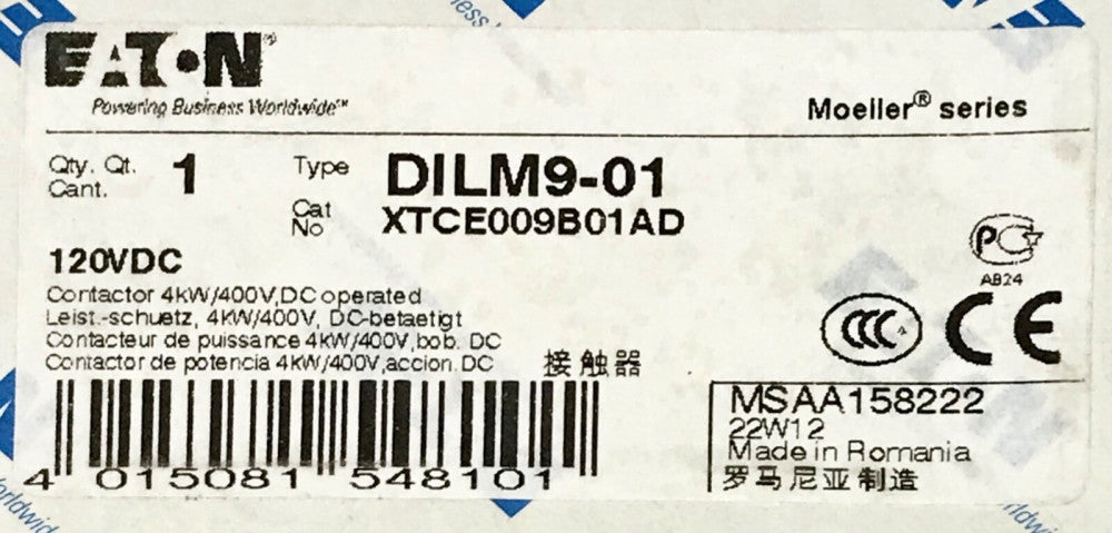 EATON MEOLLER DILM9 01 3 Pole 120 VDC Contactor XTCE009B01AD 4 KW DILM9-01