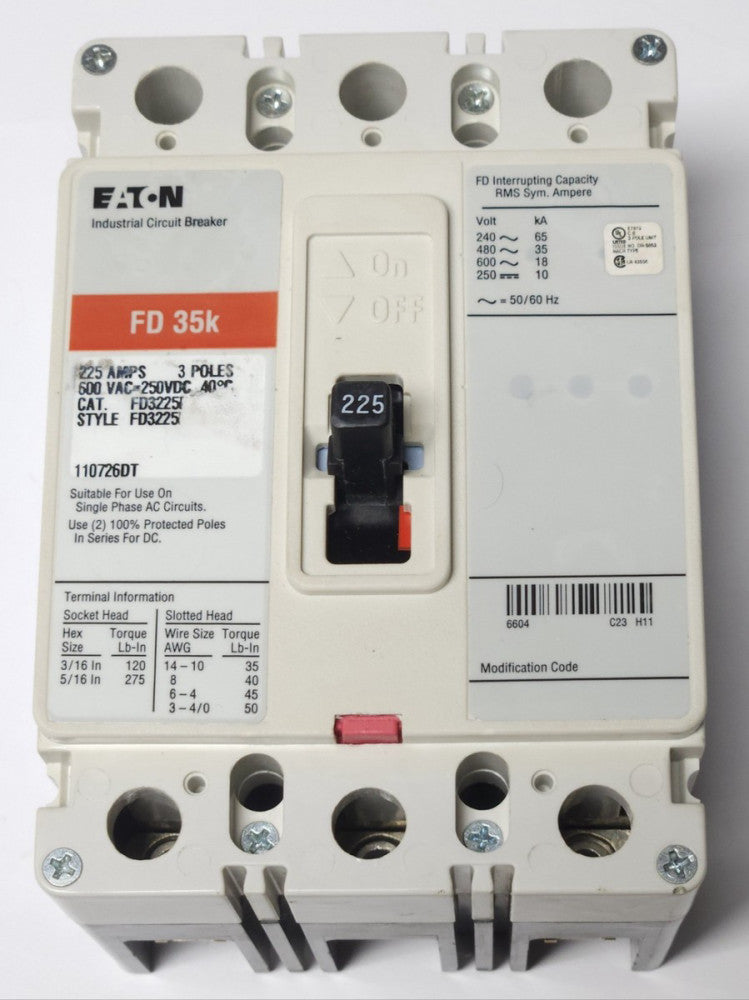EATON CUTLER HAMMER FD3225 3 Pole 225 AMP Type FD Circuit Breaker