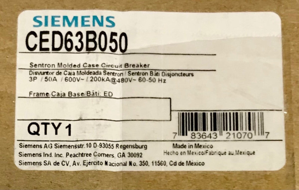 SIEMENS CED63B050 3 Pole 50 AMP CED6 Sentron Circuit Breaker Current Limiting