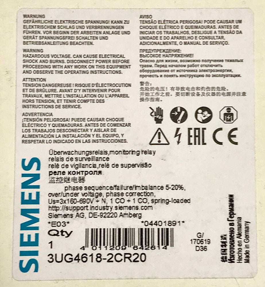 SIEMENS 3UG4618 2CR20 SIRIUS Phase Sequence Undervoltage Relay Module