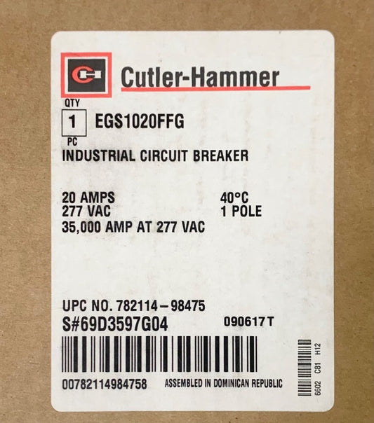 EATON CUTLER HAMMER egs1020ffg Single Pole 20 AMP Type E125S Circuit Breaker