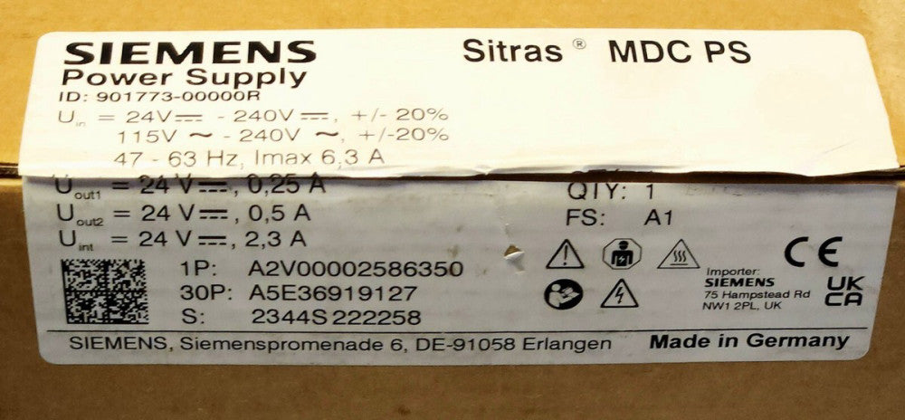 SIEMENS 901773 00000R SITRAS MDC PS POWER SUPPLY A2V00002586350 115-240 VAC