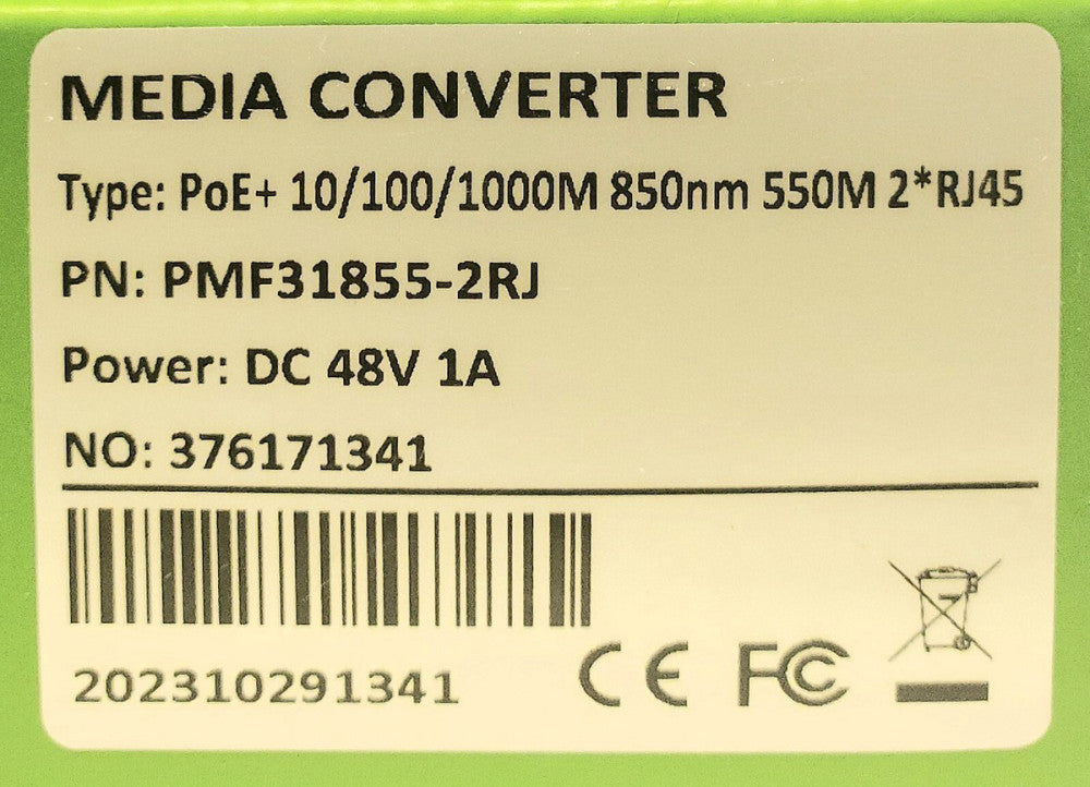 DMSI PMF31855 2RJ 48 VDC Media Converter POE+10 100 100m 85onm