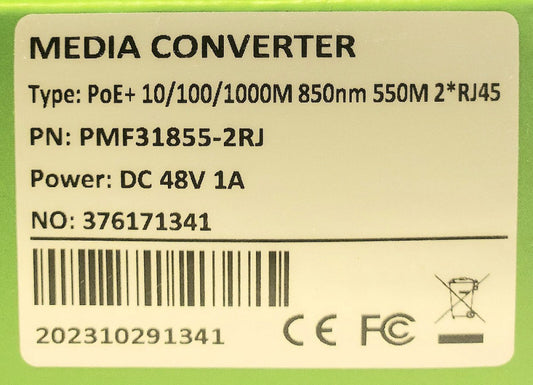 DMSI PMF31855 2RJ 48 VDC Media Converter POE+10 100 100m 85onm