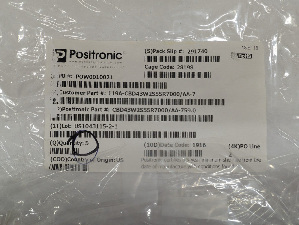 New, Positronic, CBD43W2S55R7000/AA-759.0, RIGHT ANGLE MOUNT CONN 