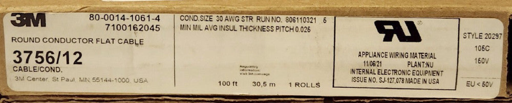 3M 3756/12 Round Conductor Flat Ribbon Cable 100' 30.5 Meter 80 0014 1061 4 GRAY