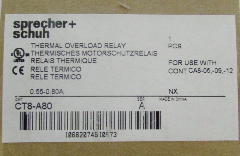 SPRECHER & SCHUH CT8 A80 Thermal Overload Relay 0.55-0.80 Amp 
