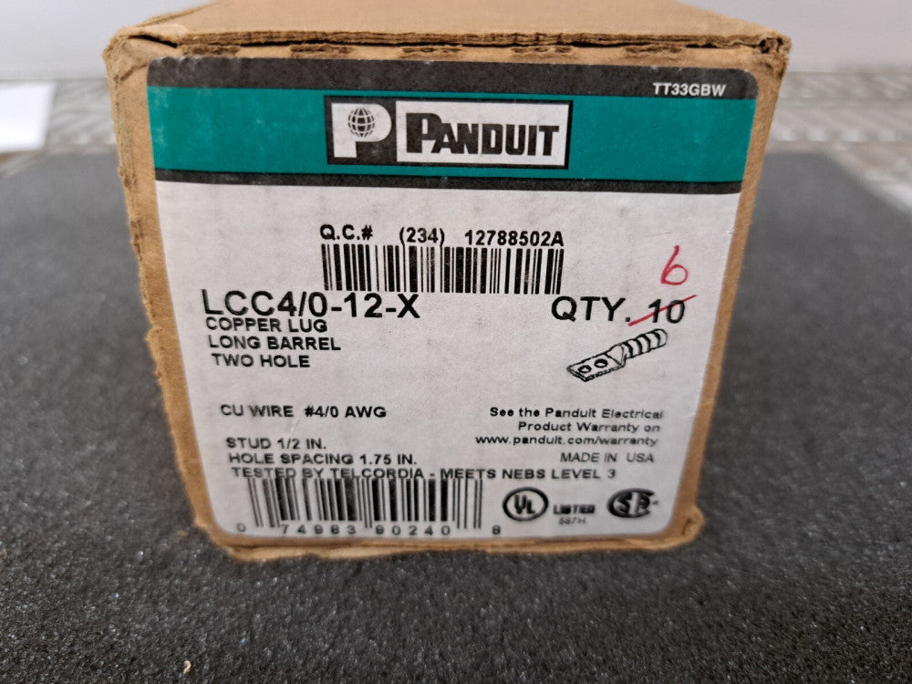 New, Panduit, LCC4/0-12-X, CONN TERM RECT TONG 4/0 AWG #1/2 - 1 PIECE - 1 TERM