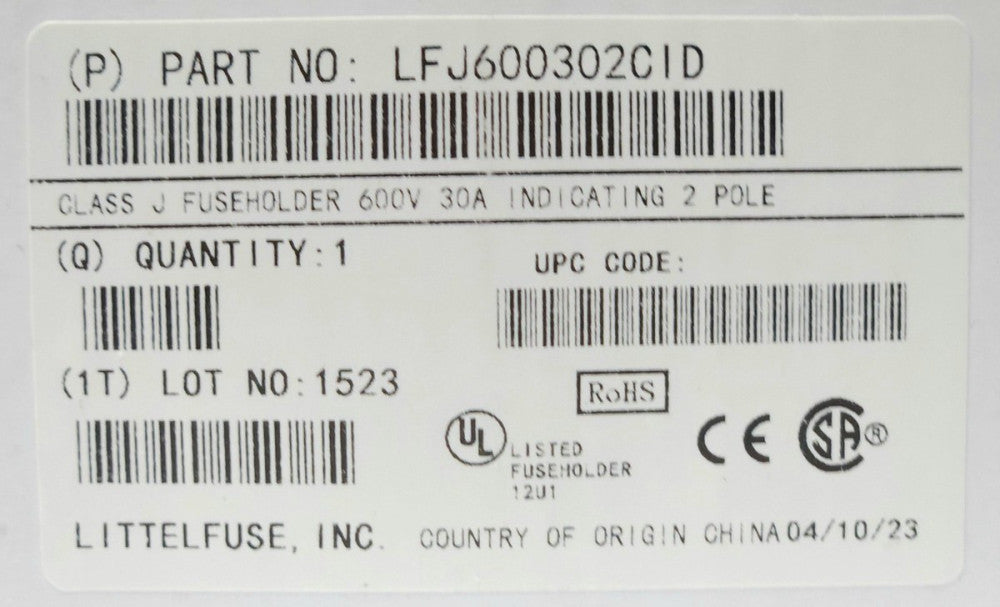 LITTELFUSE LFJ600302CID CLASS J Fuse Holder 30 AMP 2 Pole 600 VAC Illuminated