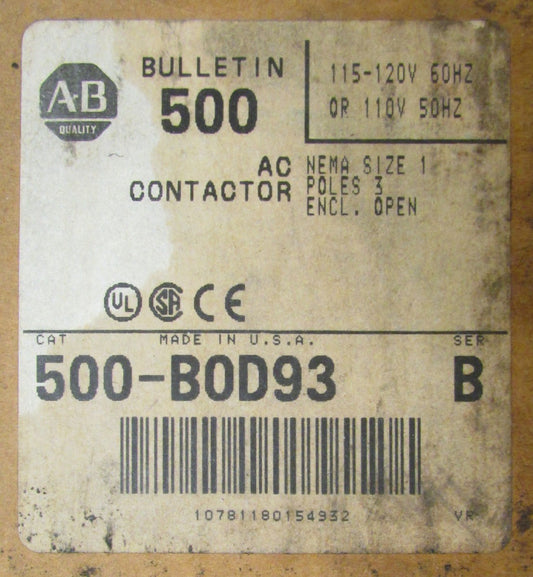 ALLEN BRADLEY 500 BOD93 110/120V Size 1 AC Contactor 