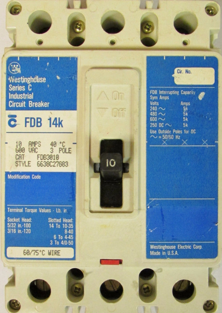 WESTINGHOUSE Type FDB Circuit Breaker 3 Pole 10 Amp FDB3010