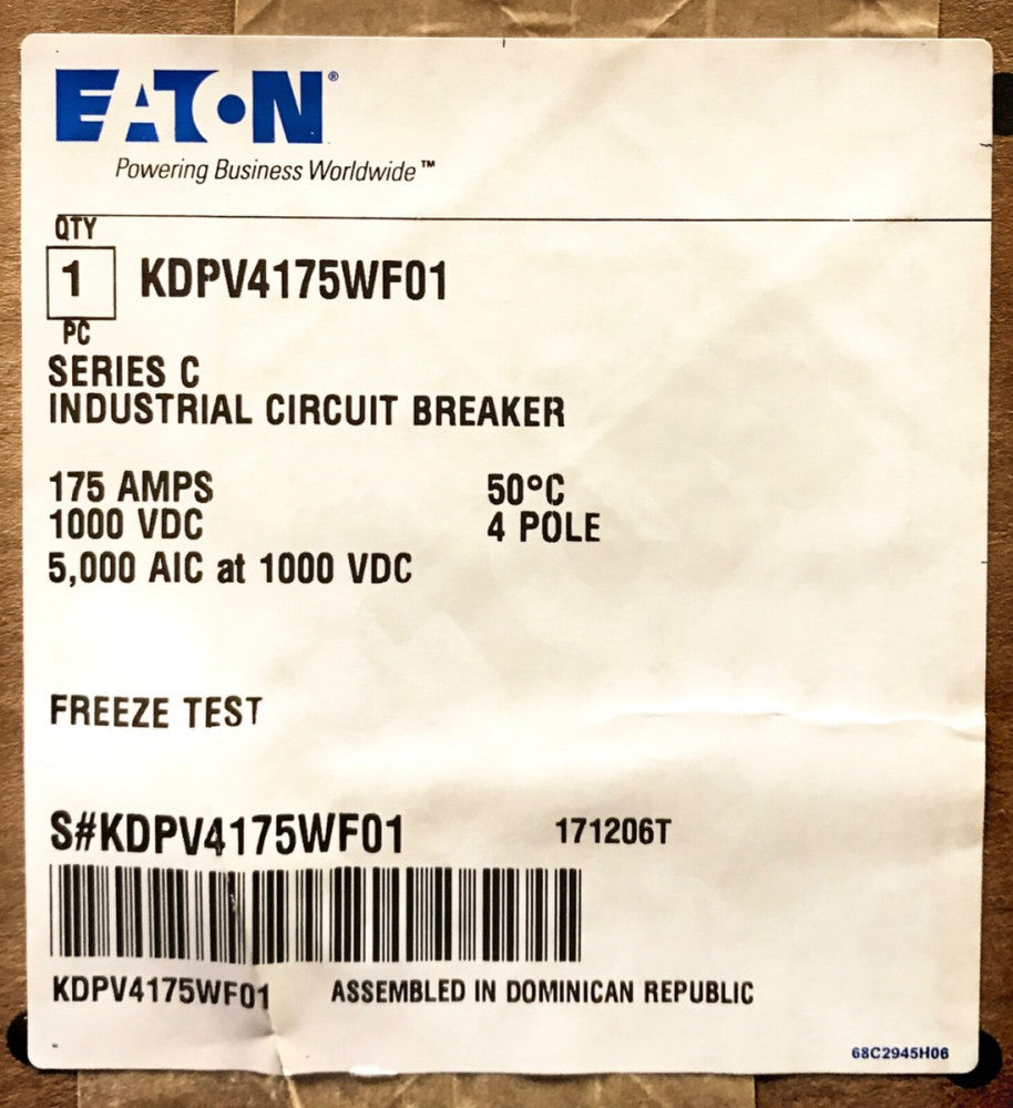 EATON KDPV4175WF01 4Pole 175AMP KD-PV PV Guard Solar PV Circuit Breaker KDPV4175