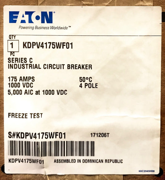 EATON KDPV4175WF01 4Pole 175AMP KD-PV PV Guard Solar PV Circuit Breaker KDPV4175
