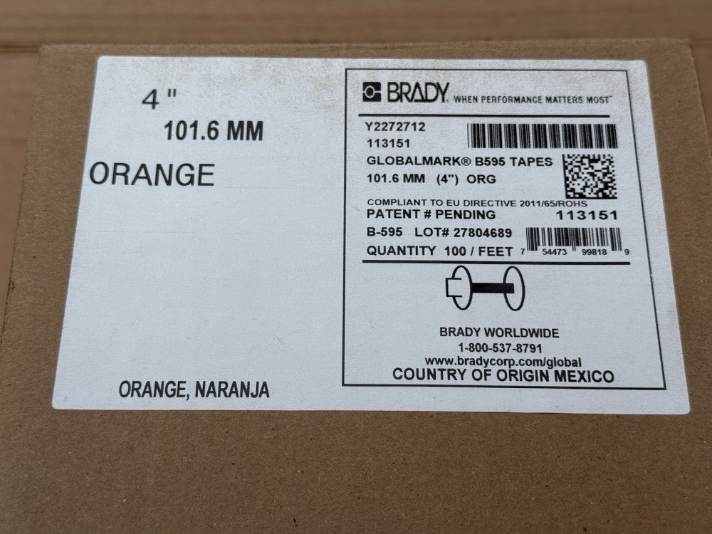 Brady 113151 Globalmark B595 Tape Vinyl Labels 4" x 100' Orange - New