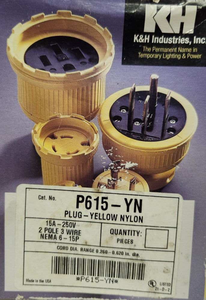 10 K&H RONDALF P615 YN Yellow Nylon 15 AMP 250 VAC PLUG 2 Pole 3 Wire Nema 6 15P