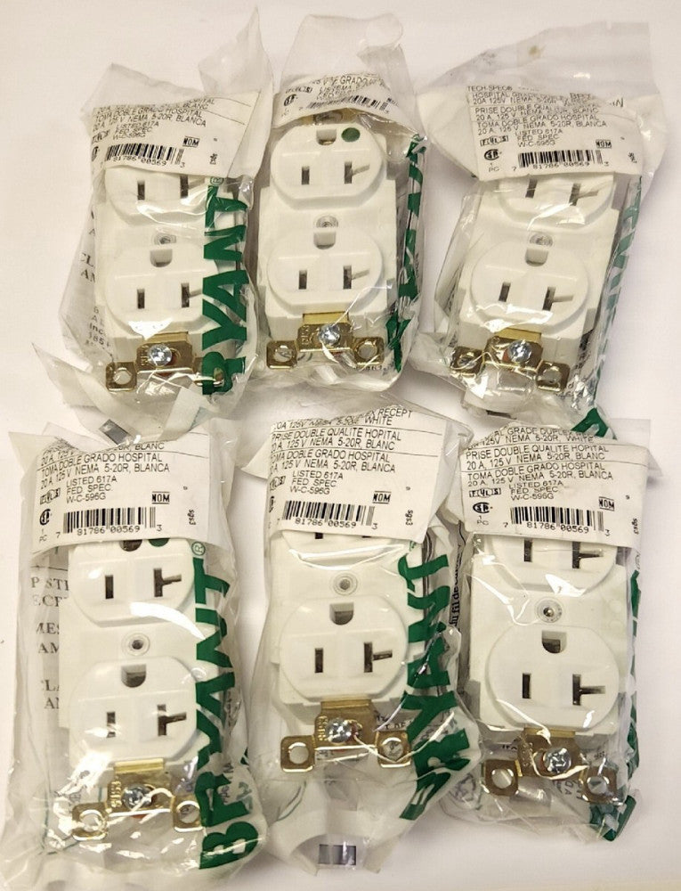 LOT OF 6 BRYANT BRY 8300W Tech-Spec Hospital Grade Duplex Receptacle 20 AMP 125