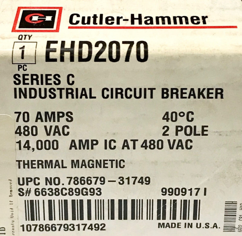 EATON CUTLER HAMMER 2Pole 70 AMP Type EHD Circuit Breaker