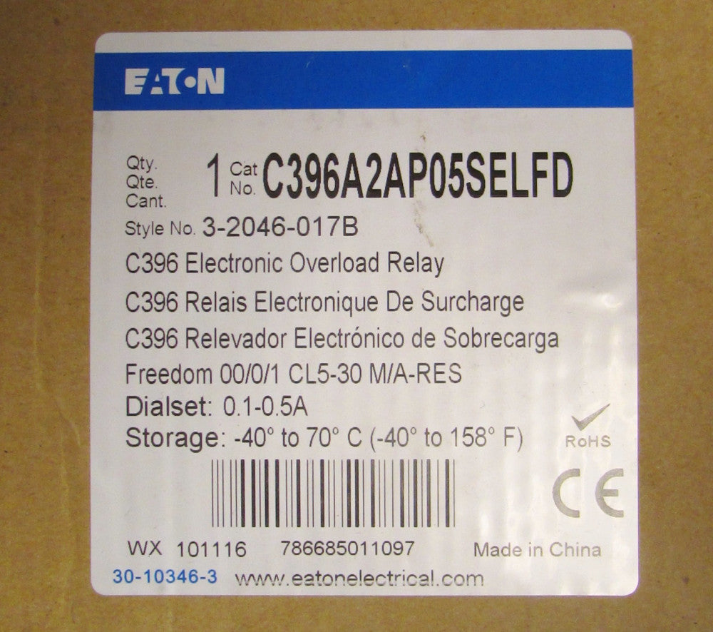 Eaton Cutler Hammer C396 Electronic Overload Relay .1-.5 Amp  C396A2AP05SELFD