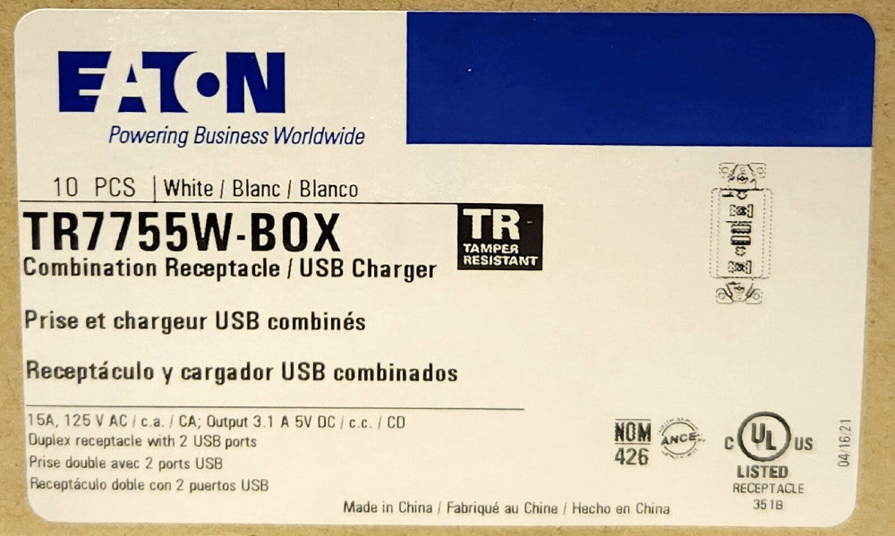CASE BOX OF 10 EATON ARROW HART TR7755 Duplex Receptacle W/ 3.1 AMP USB Charger