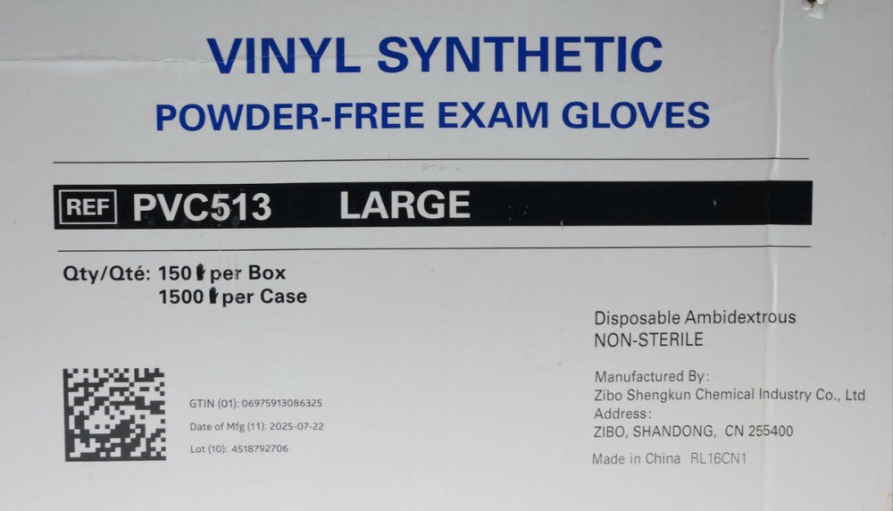 FULL CASE OF 1500 VINYL FREE EXAM GLOVES PVC513 LARGE 10 Boxes of 150 Each