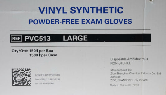 FULL CASE OF 1500 VINYL FREE EXAM GLOVES PVC513 LARGE 10 Boxes of 150 Each