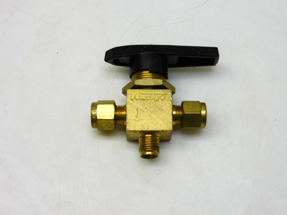 SWAGELOK WHITNEY B-43XS4 BRASS 3-WAY BALL VALVE 1/4" TUBE MISSING 1 FITTING