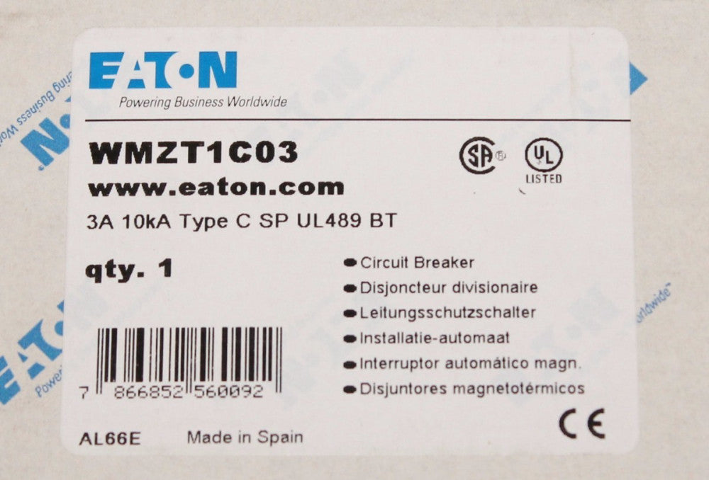 EATON CUTLER HAMMER Circuit Breaker Single Pole 3 Amp WMZT1C03