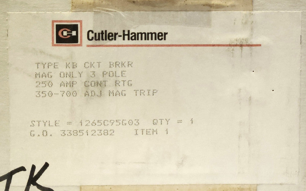 WESTINGHOUSE CUTLER HAMMER KB3250M 3 Pole 250 AMP Type KB MAG ONLY TRIP 350-700