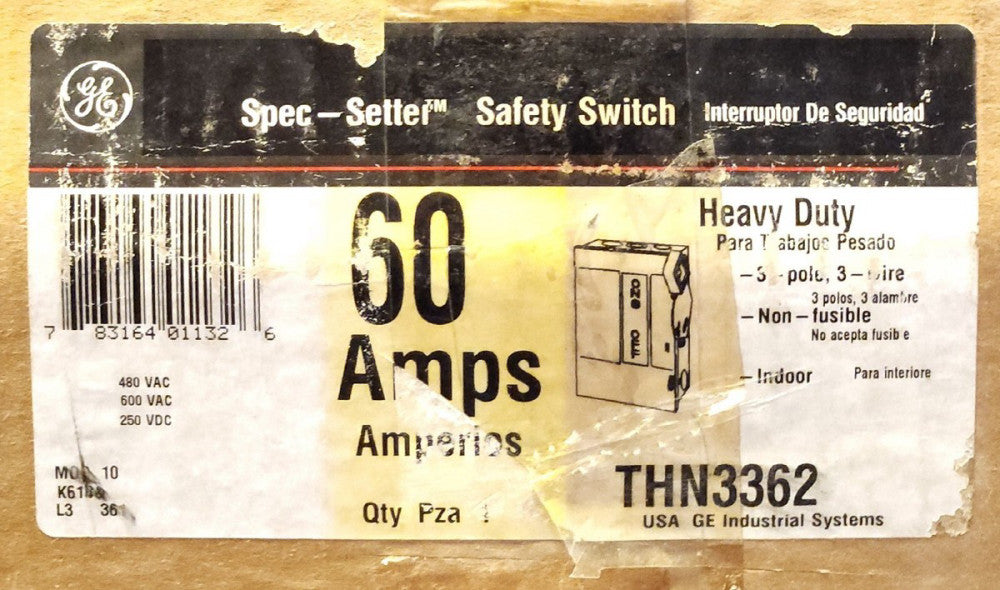 GENERAL ELECTRIC THN3362 3 Pole 60 AMP Safety Switch Nema 1 Indoor Type 3 Wire