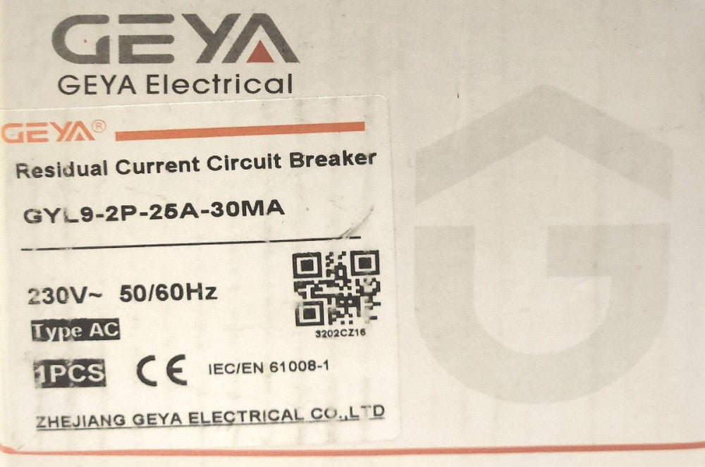 GEYA GYL9 2P 25A 30mA 25 AMP 2 Pole 230 VAC Residual Current Circuit Breaker