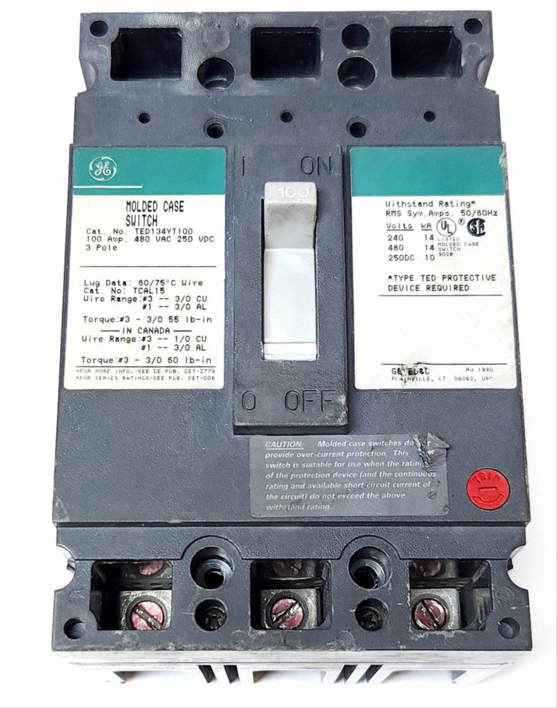 GENERAL ELECTRIC TED134YT100 3 Pole 100 AMP Type TED Molded Case Switch