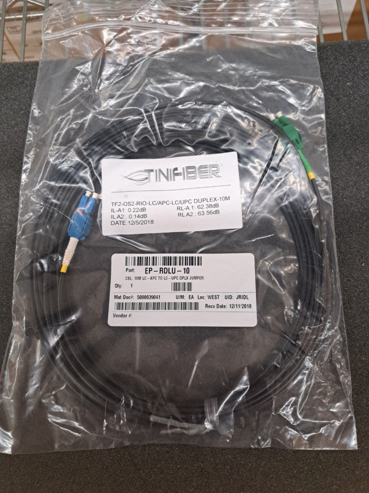 New, Tinifiber, TF2-OS2-RIO-LA/LC-10M, 10M LC-APC TO LC-UPC DPLX JUMPER